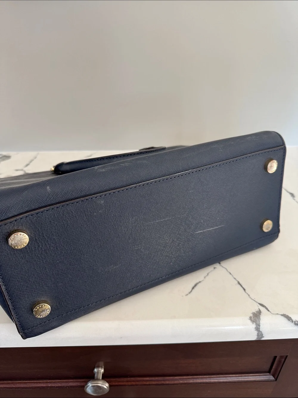 MICHAEL KORS Navy Saffiano Satchel with Gold Accents